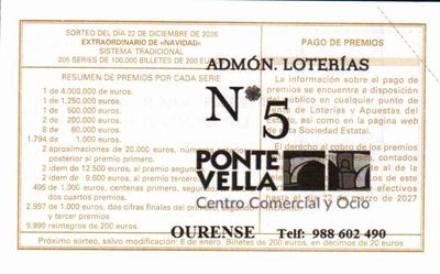 Reverso del d&eacute;cimo 42274 con el sello de la Administraci&oacute;n n&ordm; 5 &laquo;Ponte Vella&raquo;, en Ourense
